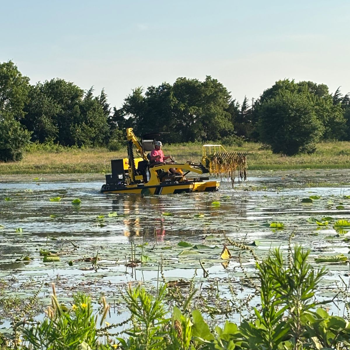 M.A. Land Solutions completing a pond cleaning removing moss and lily pads