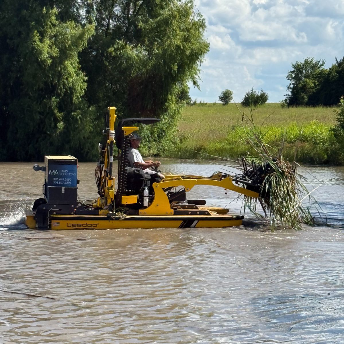 Cleaning moss and cat tails from pond in Paris, Texas