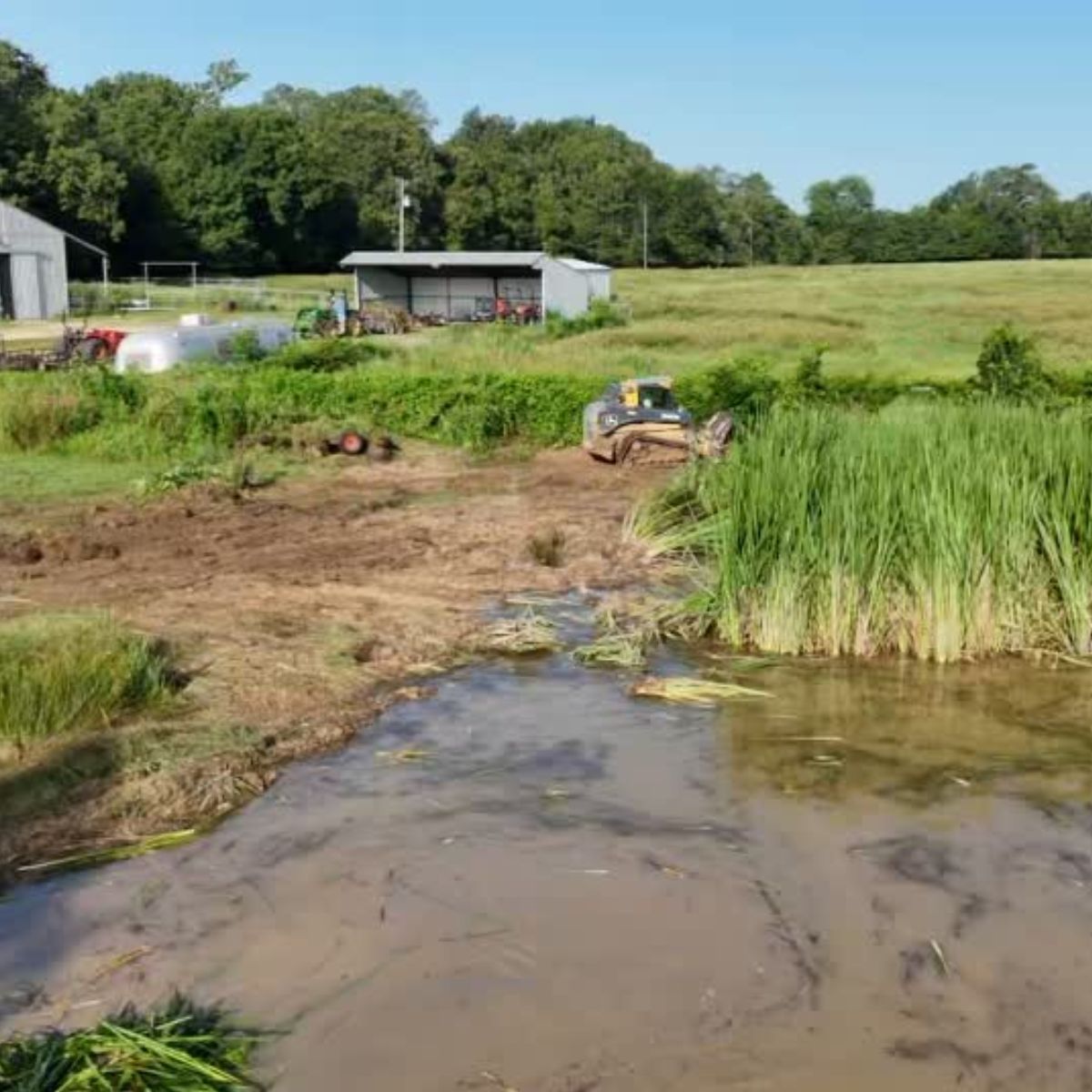 M.A. Land Solutions skidsteer shown cleaning cat tails from lake in Paris, Texas
