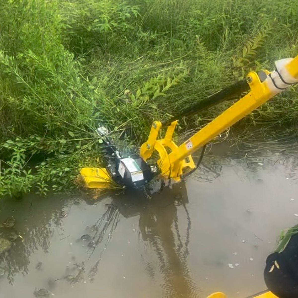 Weedoo boat saw attachment trimming weeds along pool bank in Northeast Texas